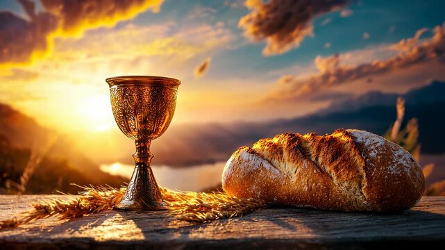 Golden chalice, bread and wheat ears on a wooden table at sunset, symbolizing the holy communion or eucharist