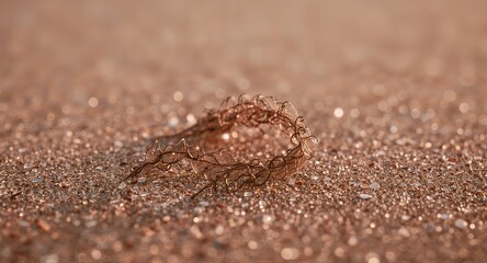 A close up shot of a metal wire structure sitting on a sandy surface with a blurred background view