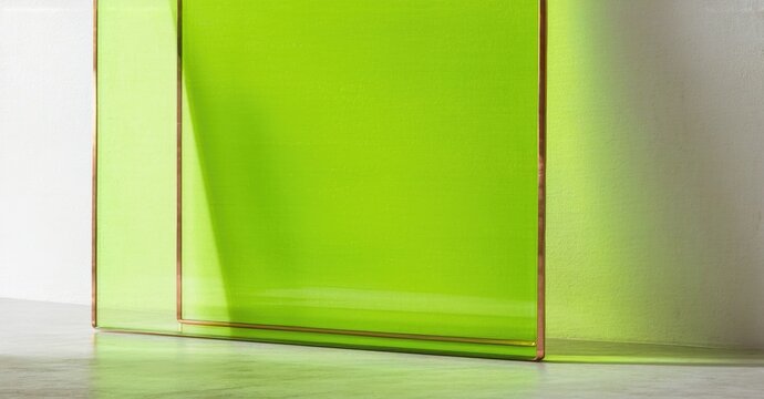 Bright green glass panels stand against neutral backdrop. Light creates soft shadows, highlighting texture, form. Minimalist composition. - Powered by Adobe