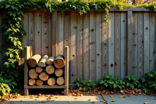 Rustic Wooden Log Rack Against Weathered Fence with Autumn Leaves and Lush Greenery