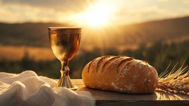 Golden chalice, bread loaf resting on rustic wooden surface, wheat stalks, white fabric, sunset lighting symbolizing holy communion sacrament