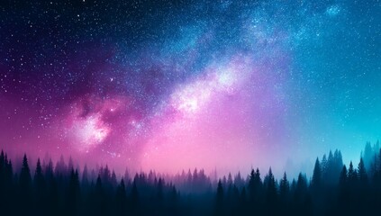 Fototapeta premium A dark and dense forest lies beneath a celestial showcase of the milky way, which brings a sense of tranquility to the entire cosmic setting
