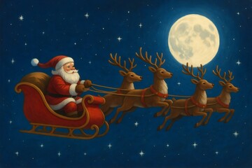 Santa Claus is driving his sleigh pulled by reindeer, flying across a starry night sky with a full moon