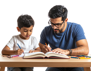 Father Reading Educational Book While Child Draws Beside, isolated on a transparent background