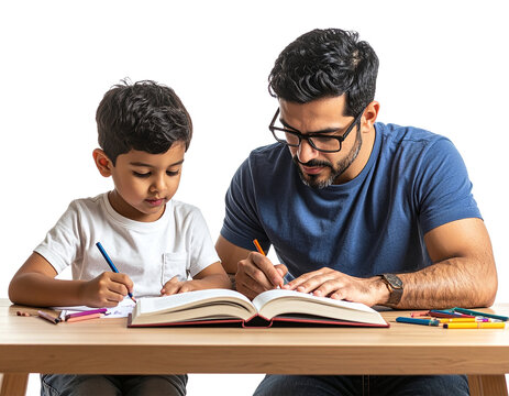 Father Reading Educational Book While Child Draws Beside, isolated on a transparent background
