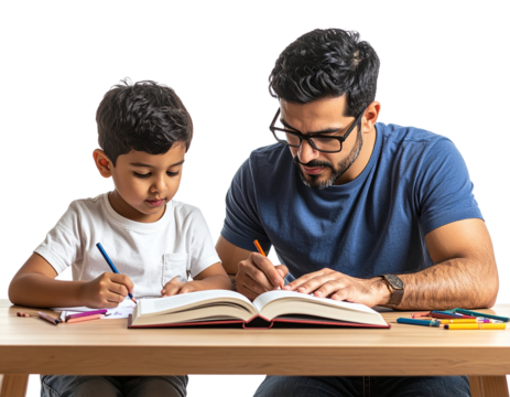 Father Reading Educational Book While Child Draws Beside, isolated on a transparent background - Powered by Adobe
