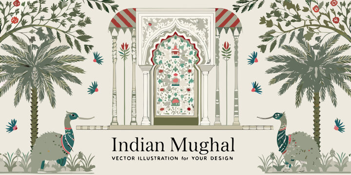 Exotic indian mughal architectural gateway with palm trees birds and stylized creatures in a vibrant garden setting