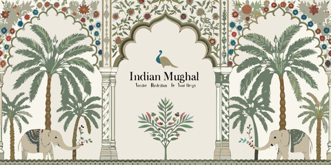 Intricate indian mughal architectural design featuring elephants palm trees and floral motifs
