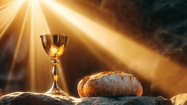 Golden chalice, bread loaf resting on rustic wooden surface, wheat stalks, white fabric, sunset lighting symbolizing holy communion sacrament