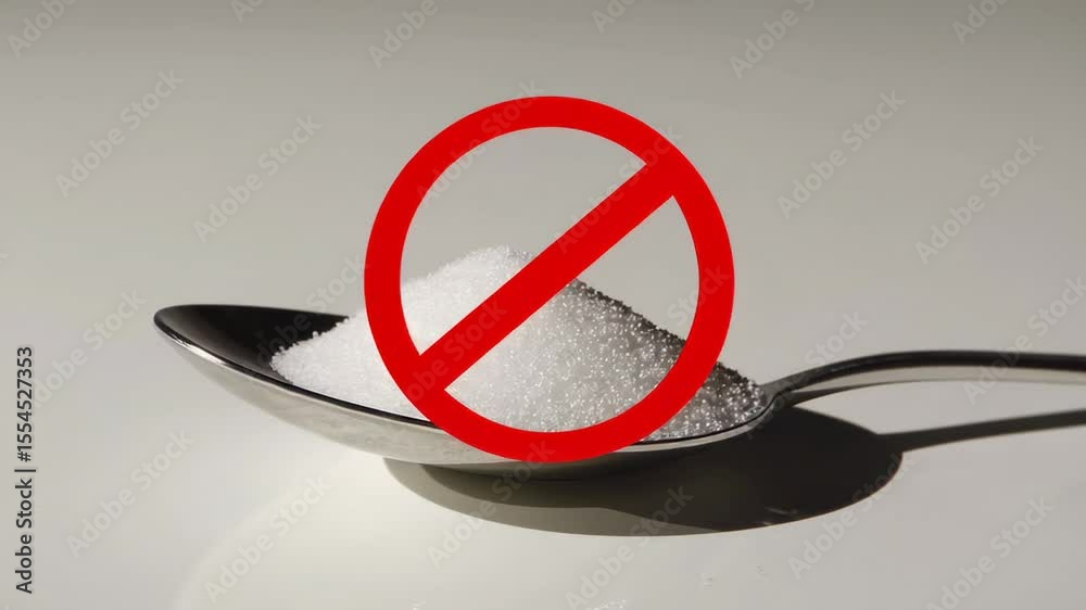 Poster Multiple spoons filled with granulated sugar display a superimposed red no symbol, conveying a message about sugar reduction, avoidance, or the dangers of excessive sugar consumption