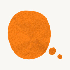 Orange speech bubble with vintage feel on white background. Crumpled notebook paper, rough torn border, gritty dotted surface, halftone overlay.