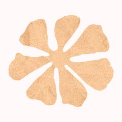 Simple flower silhouette with crumpled paper texture on dark background. Minimalistic pastel sticker cut from notebook page with jagged torn edges, gritty dotted texture, halftone element.