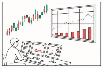 Stock trader analyzing financial charts on multiple computer screens with candlestick and bar graphs