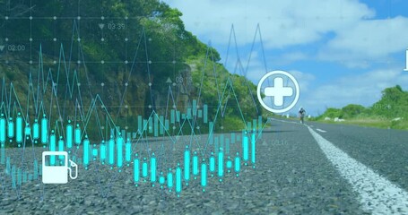 Cyclist entering road syncing data graph as tech icons appearing illustrating cycling performance - Powered by Adobe