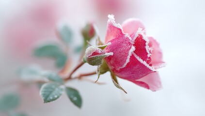 The delicate pink rose, with its petals encased in ice crystals and frosty edges, is juxtaposed against a softly focused background of rose buds and green leaves, highlighting the effects of winter