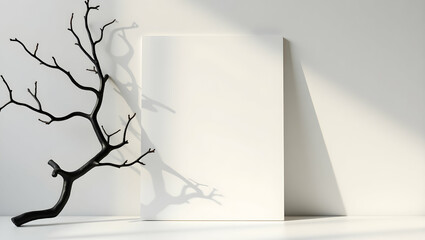Product Stage Dry black twig in side placement casting sharp shade over matte board, (2)