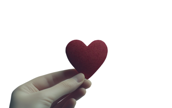 Hand gently holding a red heart cutout symbolizing love care and emotional connection in a simple visual gesture isolated on transparent background PNG