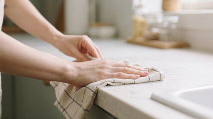 Obraz premium Close-up of hands cleaning a bright kitchen countertop using a soft reusable cloth napkin, paperless zero waste lifestyle in action