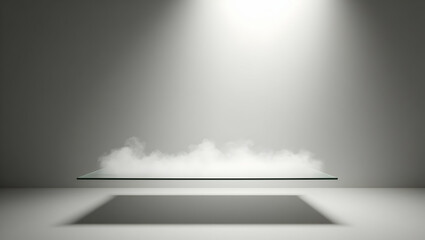 Obraz premium Product Stage Glass platform levitating in soft beam suspended over foggy light ring, (1)