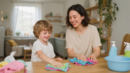 Paperless home cleaning in action: family moment of mother and child using reusable napkins and smiling together