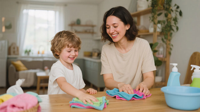 Paperless home cleaning in action: family moment of mother and child using reusable napkins and smiling together