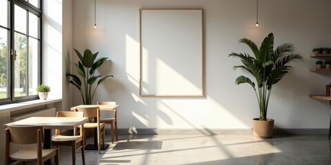 Sunlight illuminates a minimalist interior space featuring wooden furniture, potted plants, and a large blank frame, perfect for showcasing artwork or advertisements.