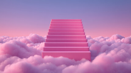 Conceptual image of pink staircase rising into clouds surreal dreamy pastel colors sky fantasy elevation ascent steps