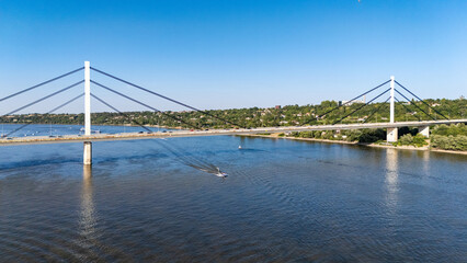 Novi Sad, Serbia - June 22, 2025:Bridge of Liberty in Novi Sad. Bridge "Sloboda" photographed from a drone