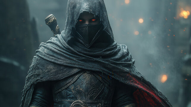 assassin in hooded medieval armor with black misty background, gothic fantasy warrior 