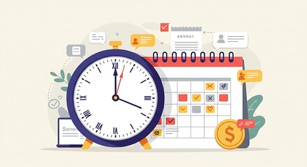 A vibrant illustration showcasing a large clock, a calendar with various markers, and a gold coin, symbolizing effective time management, scheduling, and financial planning.