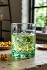 Green Drink with Ice in a Glass on Wooden Table
