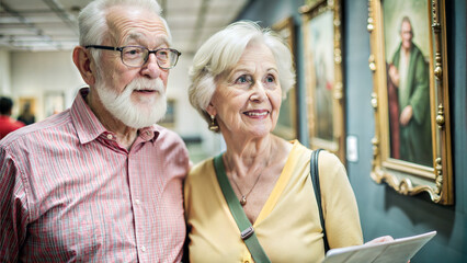 Old couple visiting a museum and exploring art together with curiosity