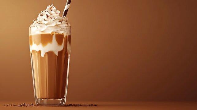Summer drink ice coffee with cream in a tall glass