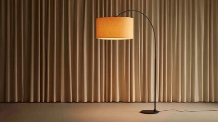 Tall arc floor lamp with matte finish standing beside a light-toned curtain