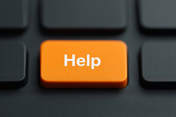 Orange help button on keyboard representing assistance, support, and troubleshooting, symbolic aid for queries, computing guidance, and user comfort