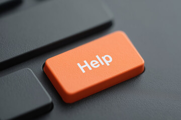Orange help button on keyboard representing assistance, support, and troubleshooting, symbolic aid for queries, computing guidance, and user comfort