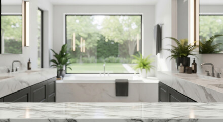 Naklejka premium Marble Bathroom Serenity Bathtub Greenery and Modern Elegance Scene