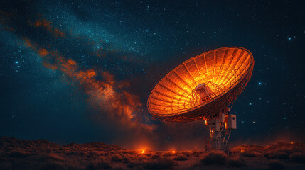 radio telescope under milky way galaxy at night, space exploration and astronomy concept