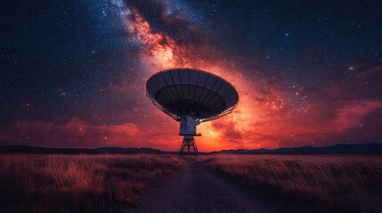 radio telescope under milky way galaxy at night, space exploration and astronomy concept