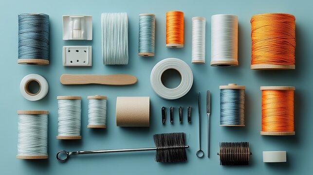 Organized Sewing Supplies on Turquoise Background: Threads, Tools, and Accessories for Crafting and Design - Powered by Adobe