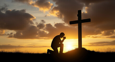 Man praying at cross silhouette christian faith religion spirituality