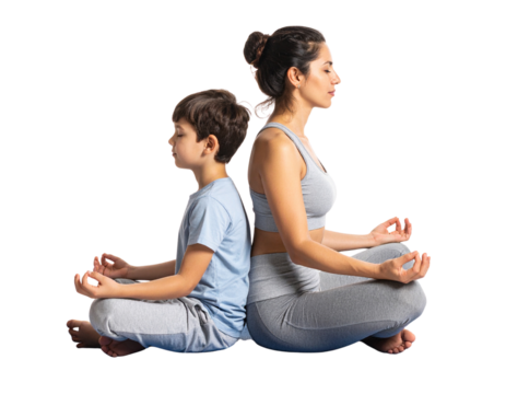 Mother and Son Practicing Yoga on Mats with Crossed Legs, isolated on a transparent background