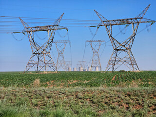 Two tall power lines are in the distance. The power lines are connected to a power plant in South Africa