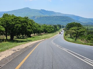 Road with a yellow line down the middle. There are trees on both sides of the road in South Africa