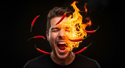Spicy food challenge man screaming with fire and chili peppers hot pain