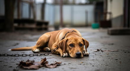 Obraz premium Sad dog chained outside rescue adoption animals pets canine breeds