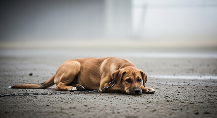 Sad chained dog lying down on ground animal welfare and pet adoption