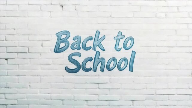 Blue back to school sign painted on a white brick wall, announcing the beginning of the new academic year and welcoming students back to the classroom