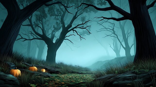 Eerie halloween forest path illuminated by glowing pumpkins under a mystical teal fog and bare silhouetted trees