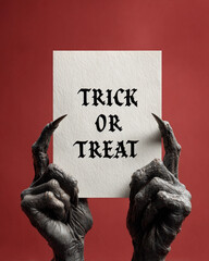 Demon hand holding a sheet of paper with an inscription 'Trick or treat' against a red background. Halloween and creepy decor concept. Fantasy illustration for poster, lettering, greeting card
